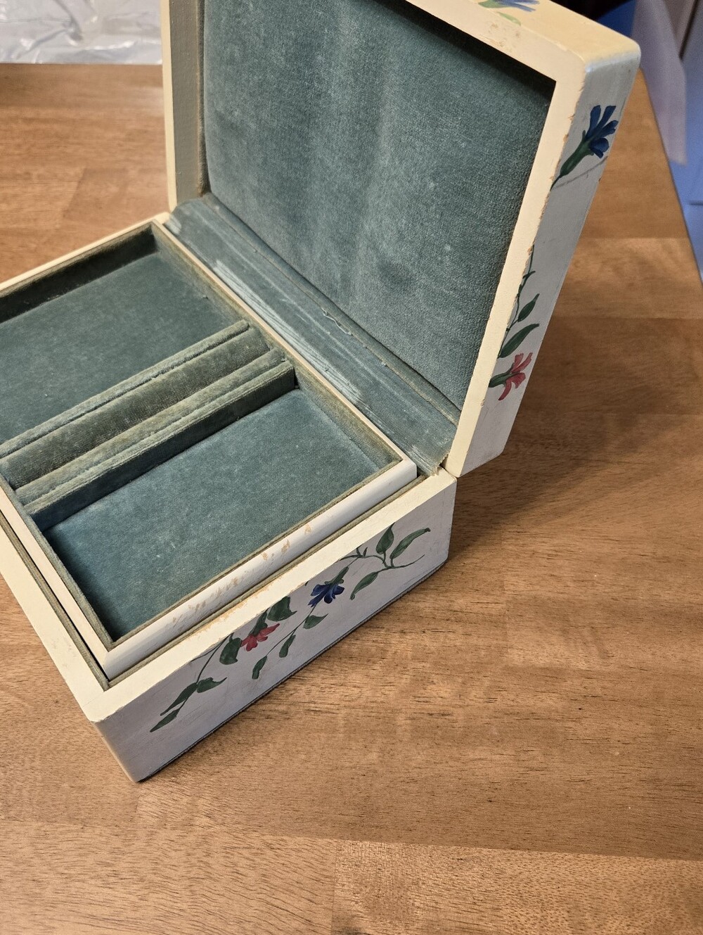 Vintage Hand-Painted Floral Wooden Jewelry Box Velvet Lined